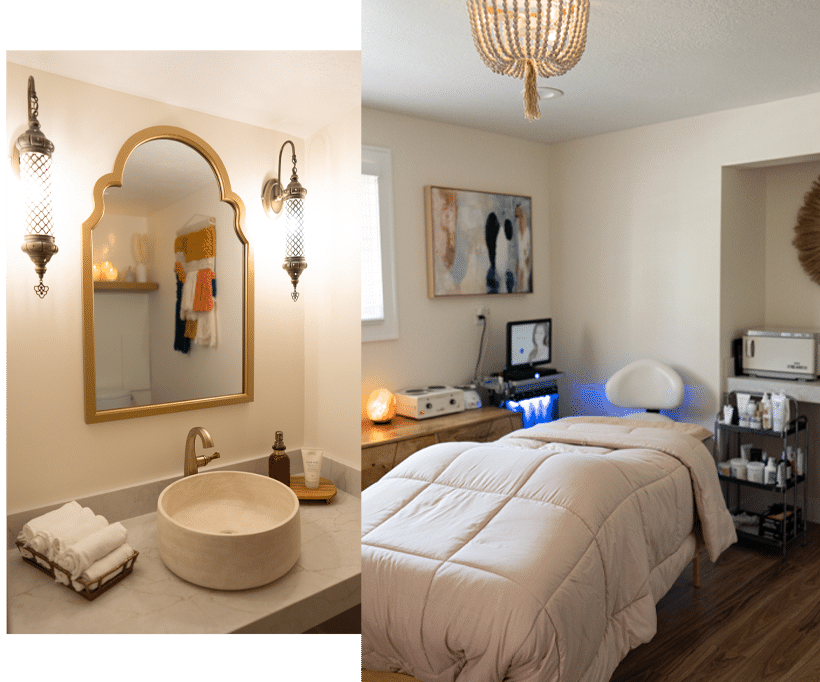 A bathroom and treatment bed at Pure Skin Care
